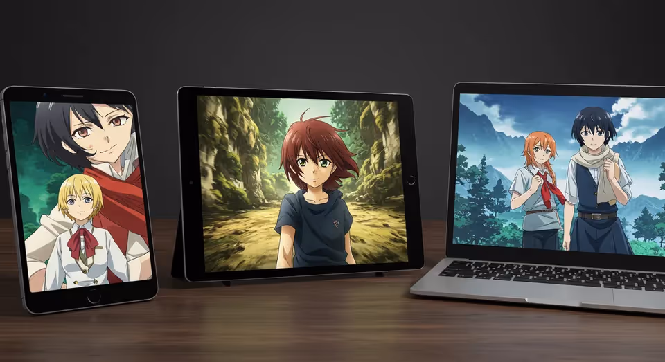 Vários dispositivos exibindo cenas de anime sobre mesa.