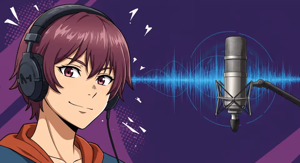 Jovem anime com fones e microfone em estúdio de áudio.