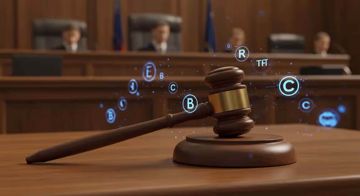 Martelo de juiz em tribunal com ícones de direitos autorais digitais.