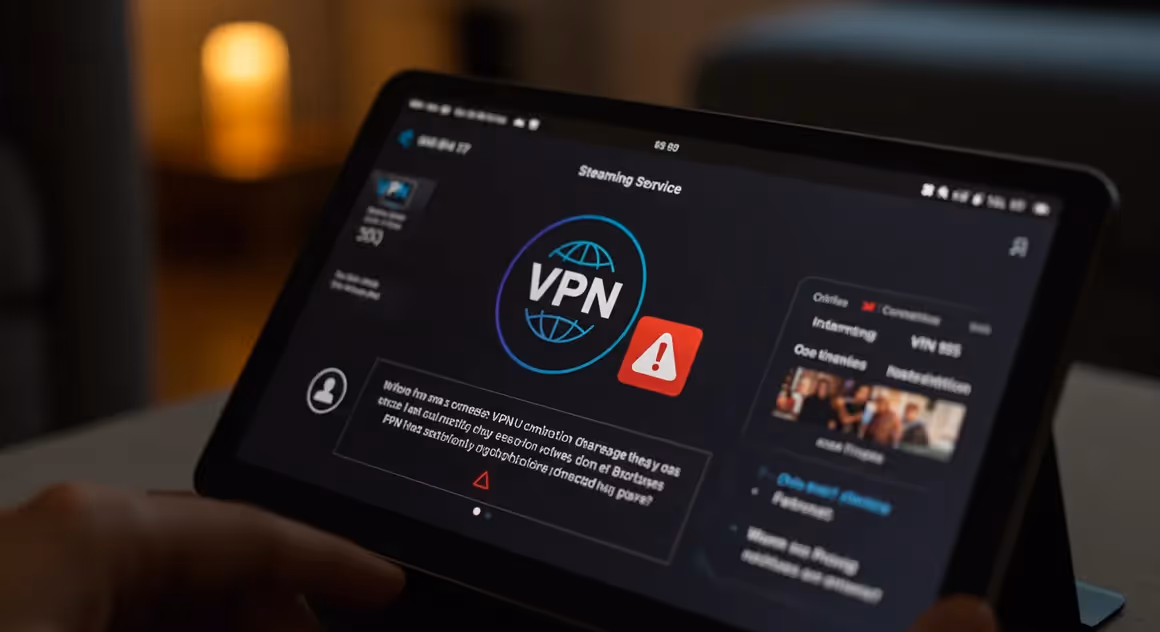 Tela de tablet com alerta de VPN em serviço de streaming.