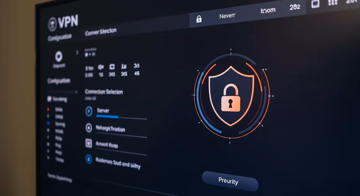 Tela de TV exibindo interface de segurança e configuração VPN.