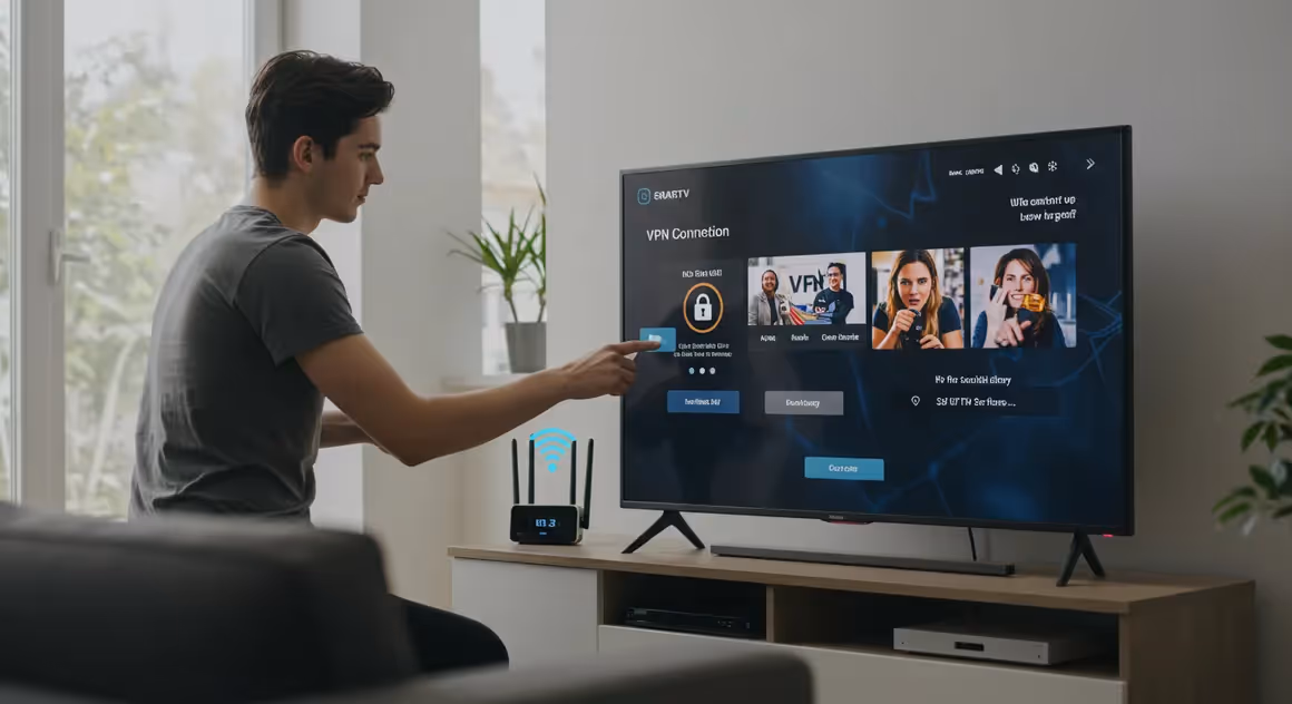 Homem ativando conexão VPN em sua TV inteligente na sala.