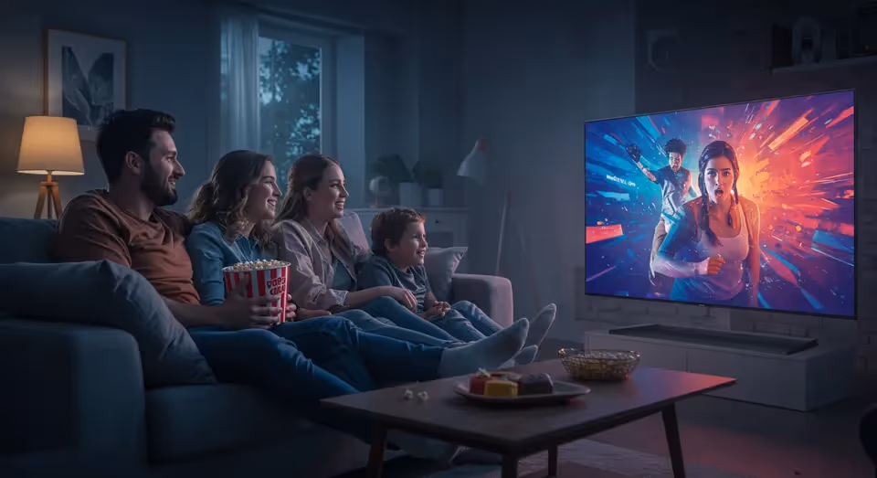 Família reunida assistindo filme em TV de alta definição