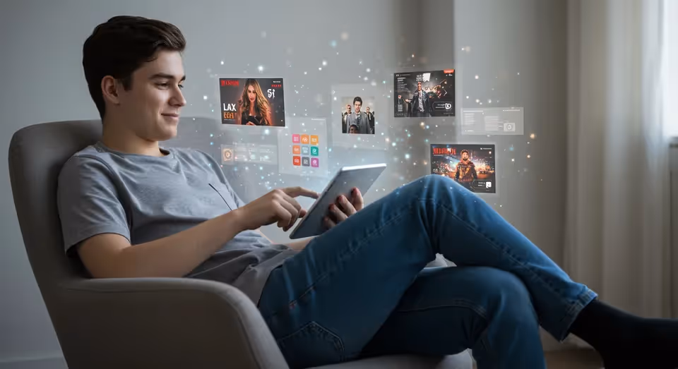 Jovem acessando conteúdo digital em tablet