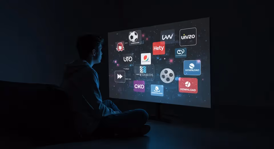 Jovem assistindo TV com ícones de aplicativos à noite