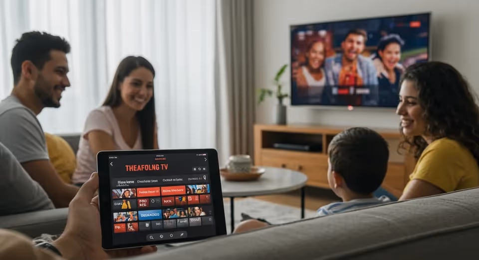 Família assistindo TV enquanto usa um tablet para controlar.