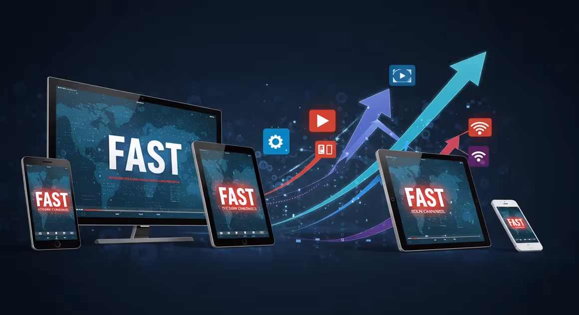 Dispositivos com texto "FAST" representando streaming rápido.