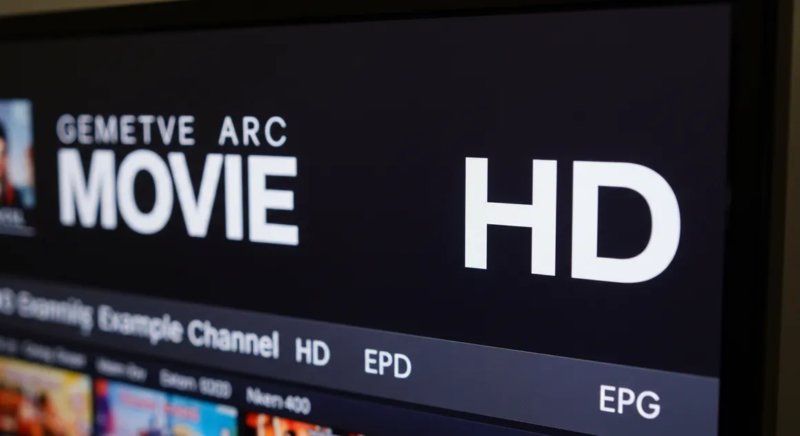 Tela de TV exibindo menu de canal com a indicação de filme em alta definição.