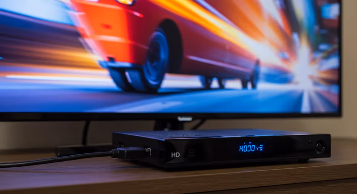 Set-top box HD conectado à TV, exibindo movimento de um carro na tela.