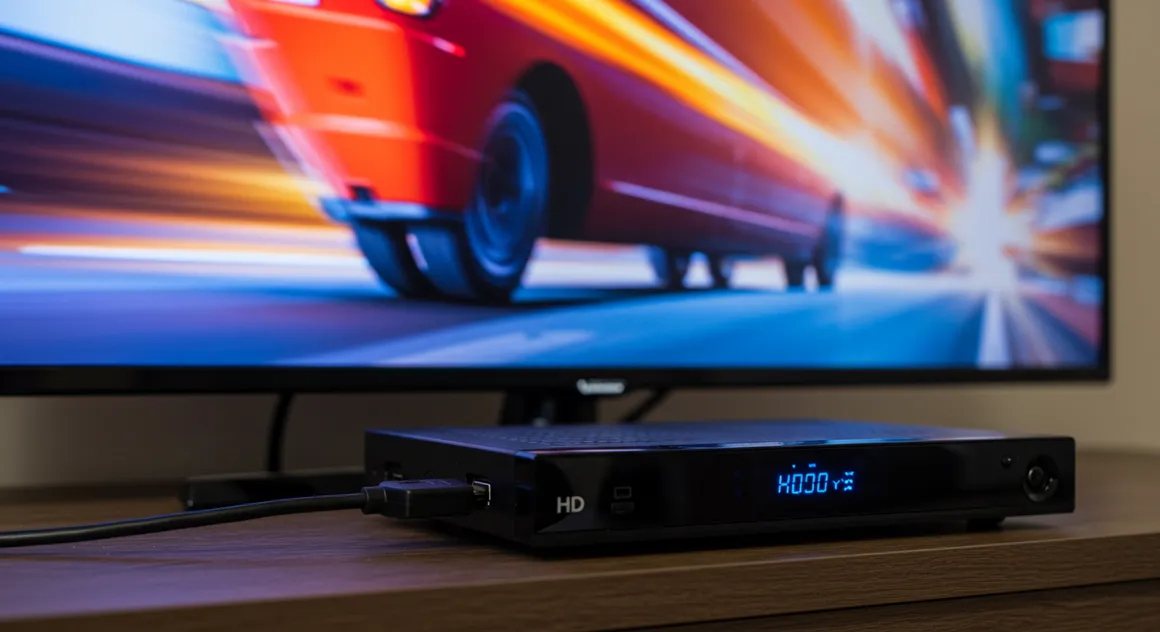 Set-top box HD conectado à TV, exibindo movimento de um carro na tela.