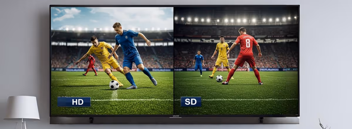 Comparação de imagem em HD e SD de futebol.