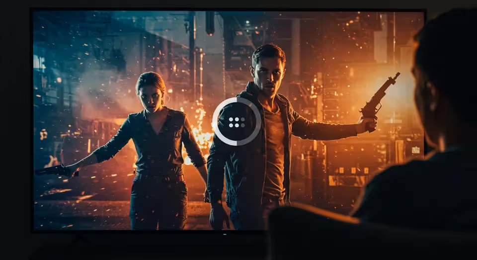 Cena de ação com carregamento de vídeo na TV.