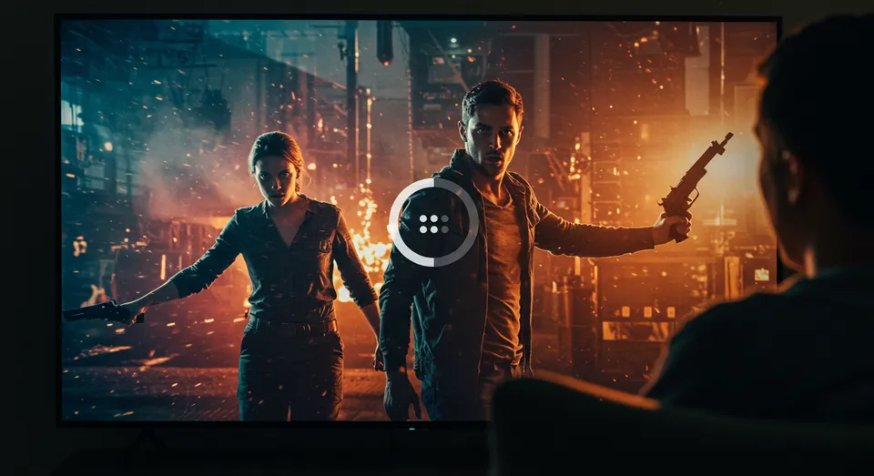 Cena de ação com carregamento de vídeo na TV.