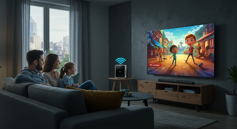 Família assistindo desenho animado na TV.