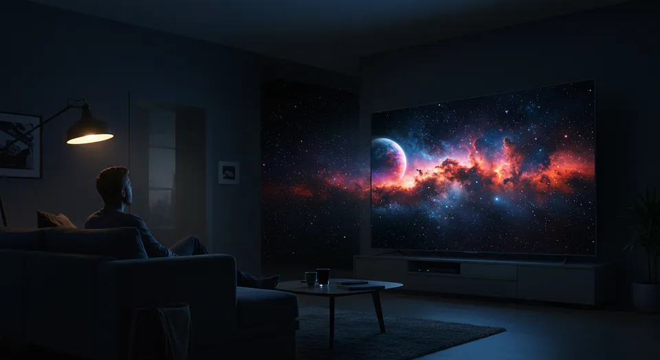 Pessoa assistindo TV com imagens do espaço