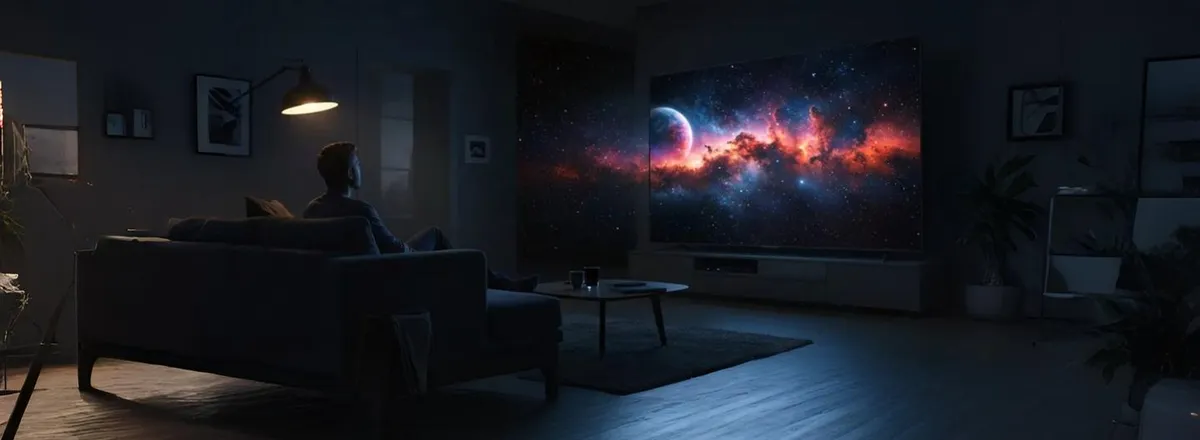 Pessoa assistindo imagem de espaço em HDR na TV