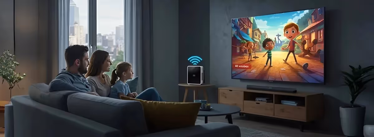 Família assistindo desenho animado na sala de estar.