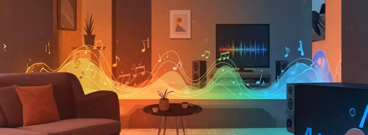 Sala com sofá e TV emitindo ondas musicais coloridas em ambiente aconchegante