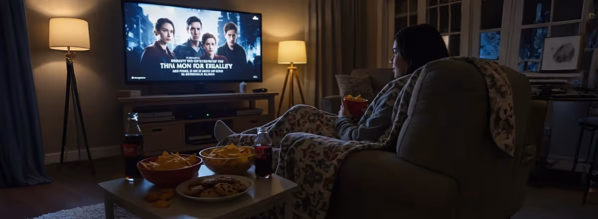 Mulher assistindo série à noite com cobertor, snacks e refrigerante