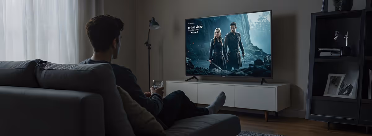 Homem sentado no sofá assistindo série de ação no Prime Video