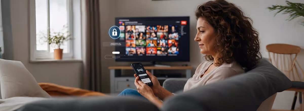 Mulher usando VPN no celular enquanto assiste TV na sala.