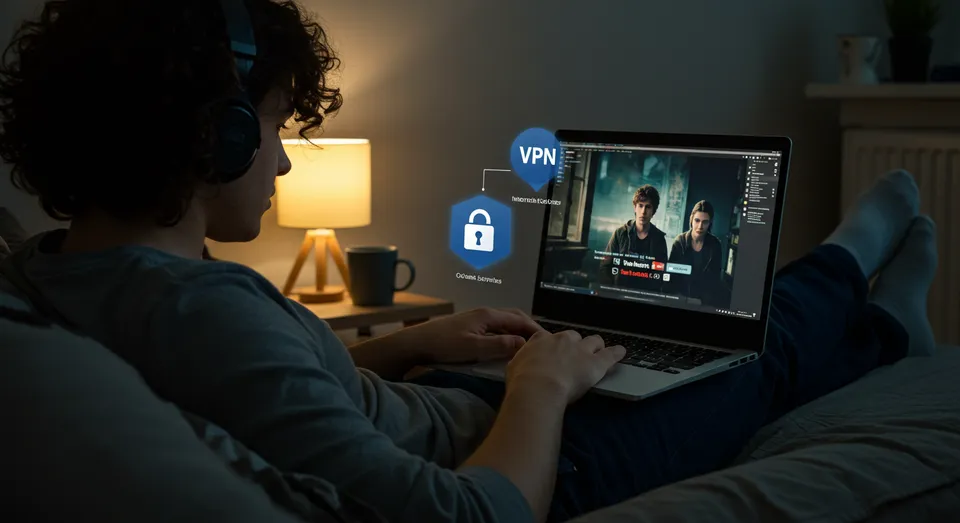 Pessoa assistindo streaming com VPN ativado no laptop
