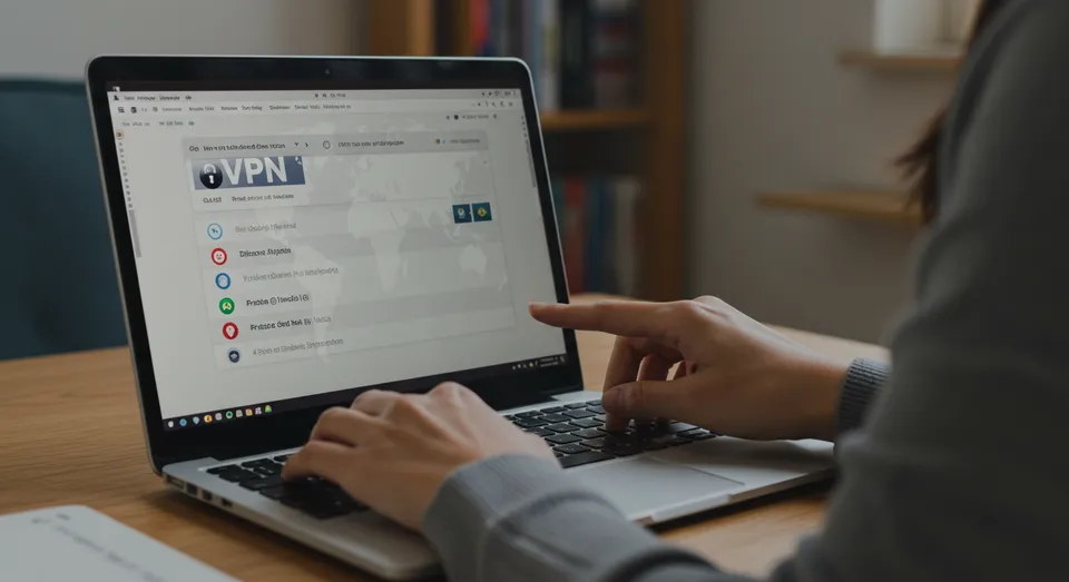Interface de VPN com lista de servidores em laptop