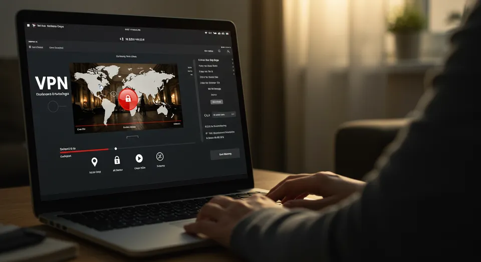 Pessoa conectando VPN em laptop com mapa mundial