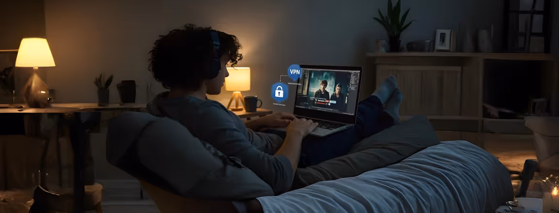 Pessoa usando VPN para streaming em quarto escuro