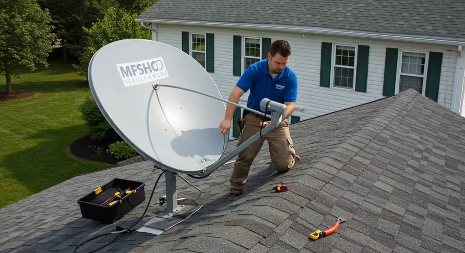 Técnico instalando antena parabólica no telhado