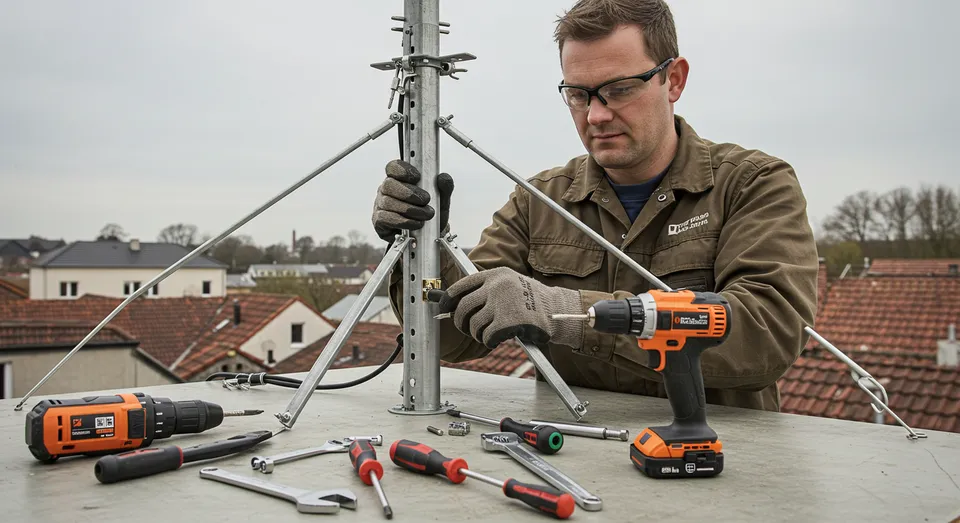 Homem instalando antena no telhado com ferramentas