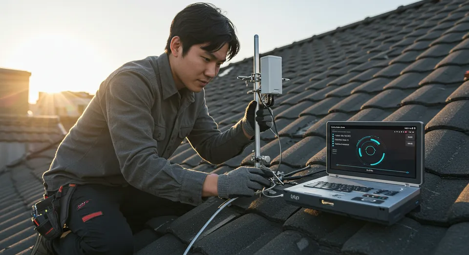Técnico ajustando antena no telhado com laptop de diagnóstico