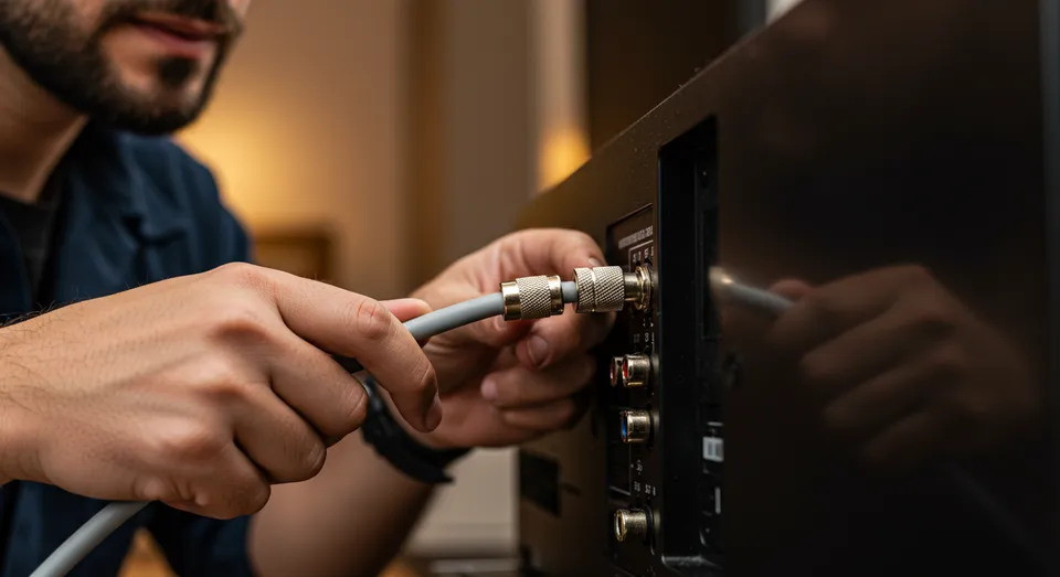 Técnico conectando cabo coaxial na parte traseira da TV