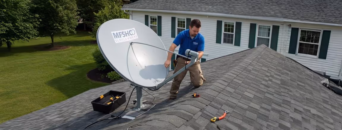 Técnico instalando antena parabólica no telhado residencial