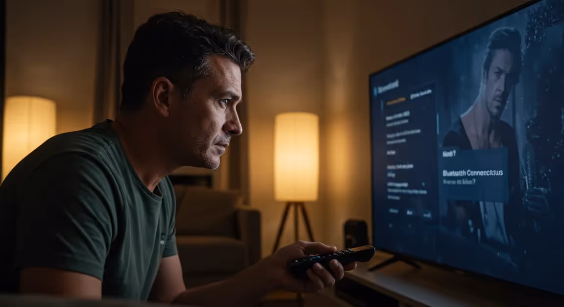 Homem assistindo TV com controle remoto em mãos