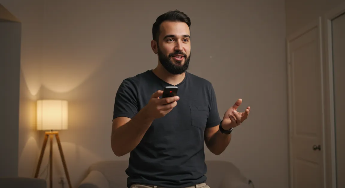 Homem usando controle remoto e falando em sala