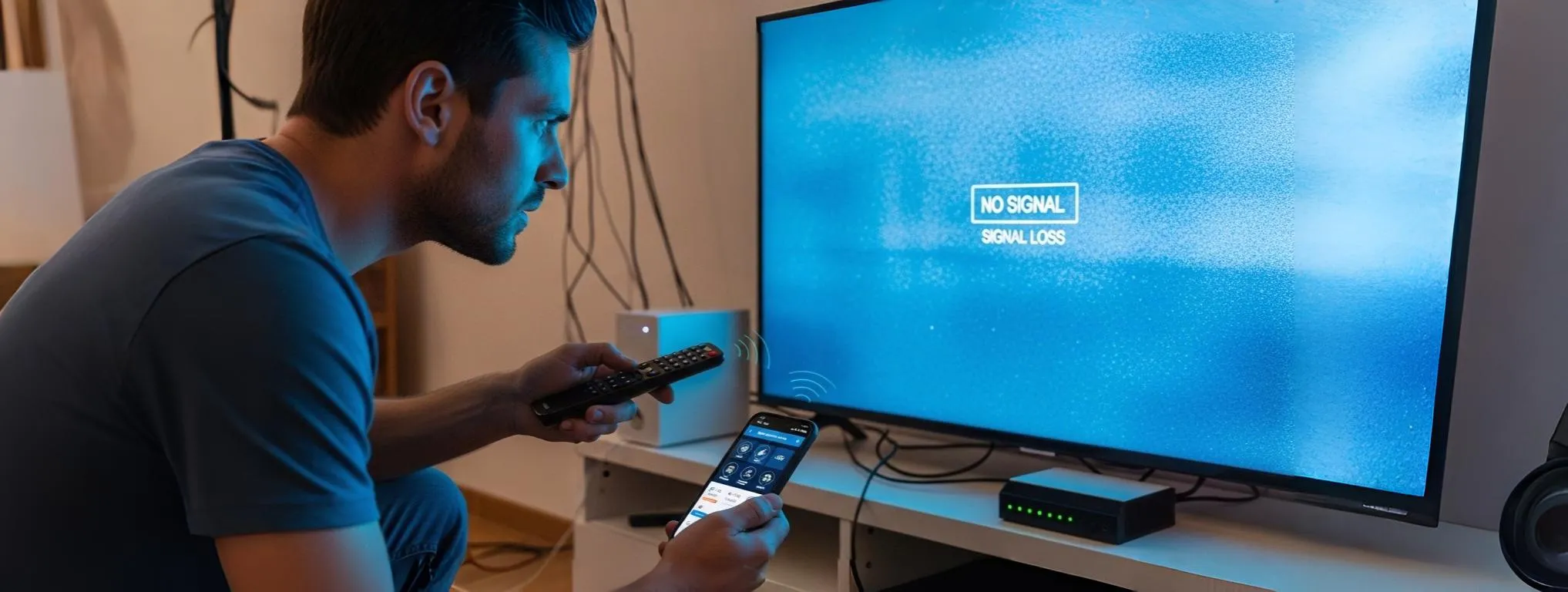 Homem confere celular e controle enquanto TV mostra “sem sinal”.