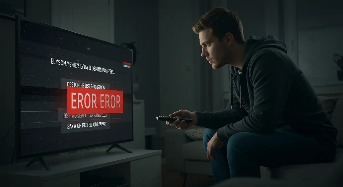 Homem observa mensagem de erro na TV segurando o controle.