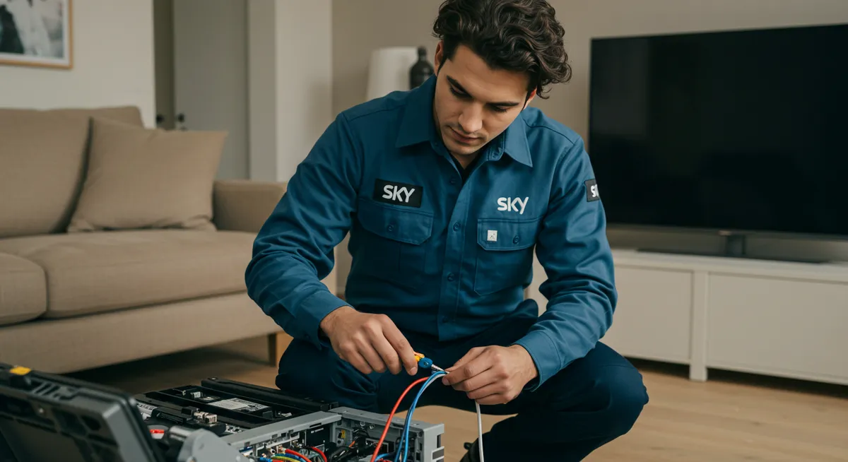 Técnico da SKY conecta cabos em equipamento de rede doméstica.