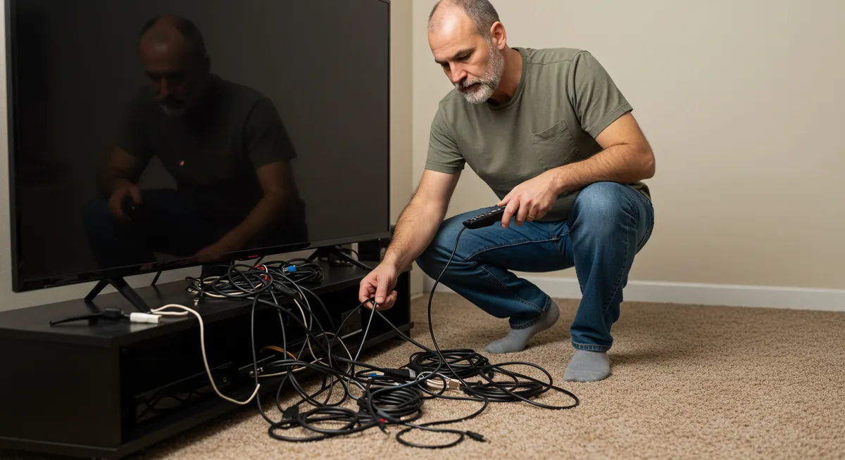 Homem ajoelhado organiza fios emaranhados atrás da TV.