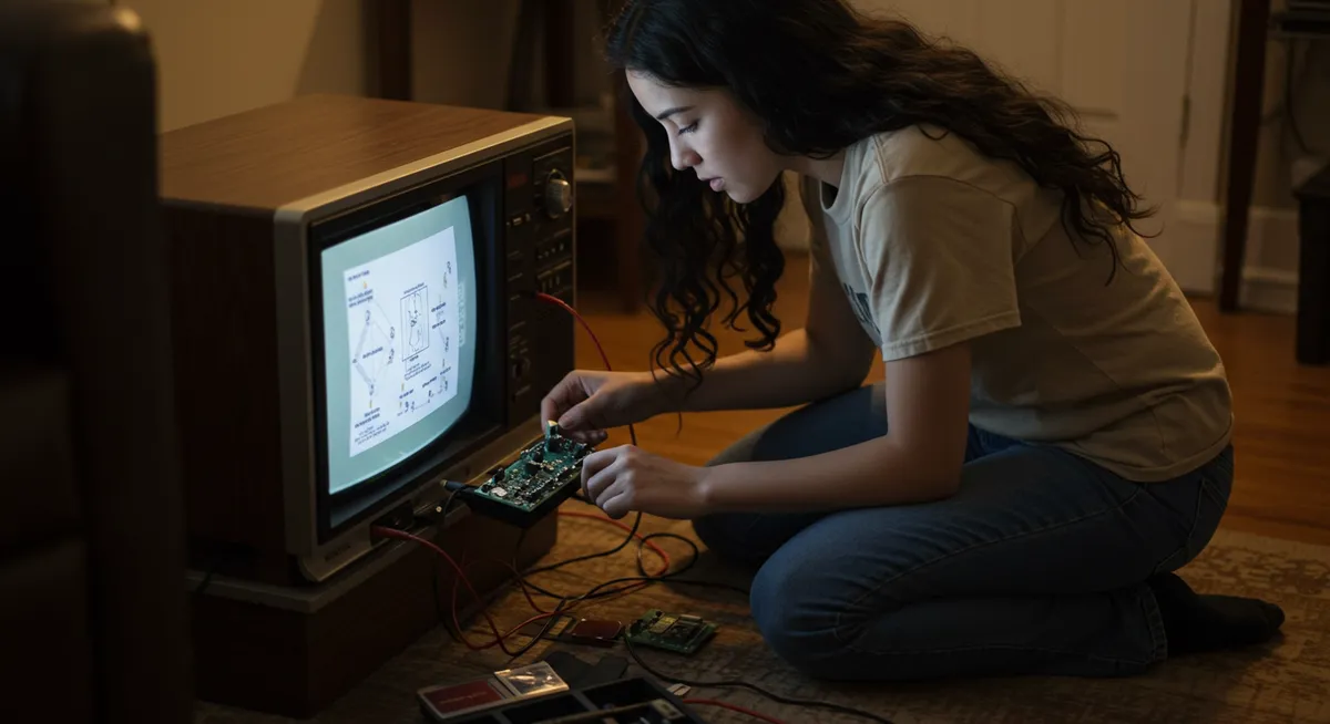 Jovem conserta televisor retrô ajustando placa eletrônica.