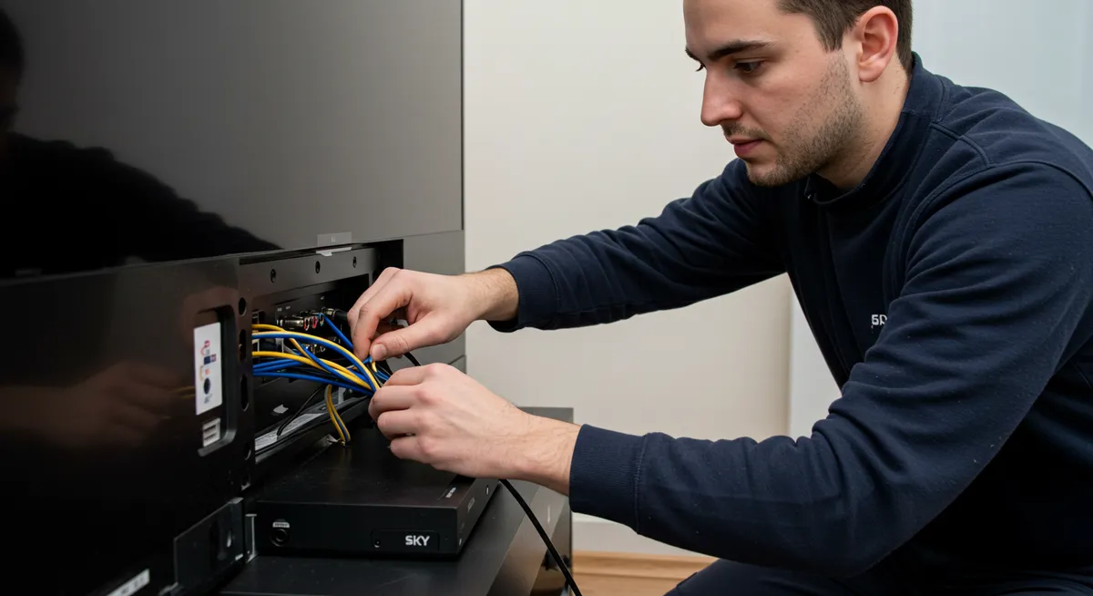 Técnico conecta cabos na traseira da TV e receptor SKY.