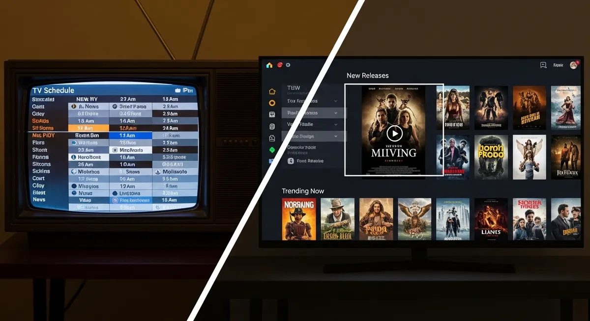 Comparação entre TV antiga e streaming moderno