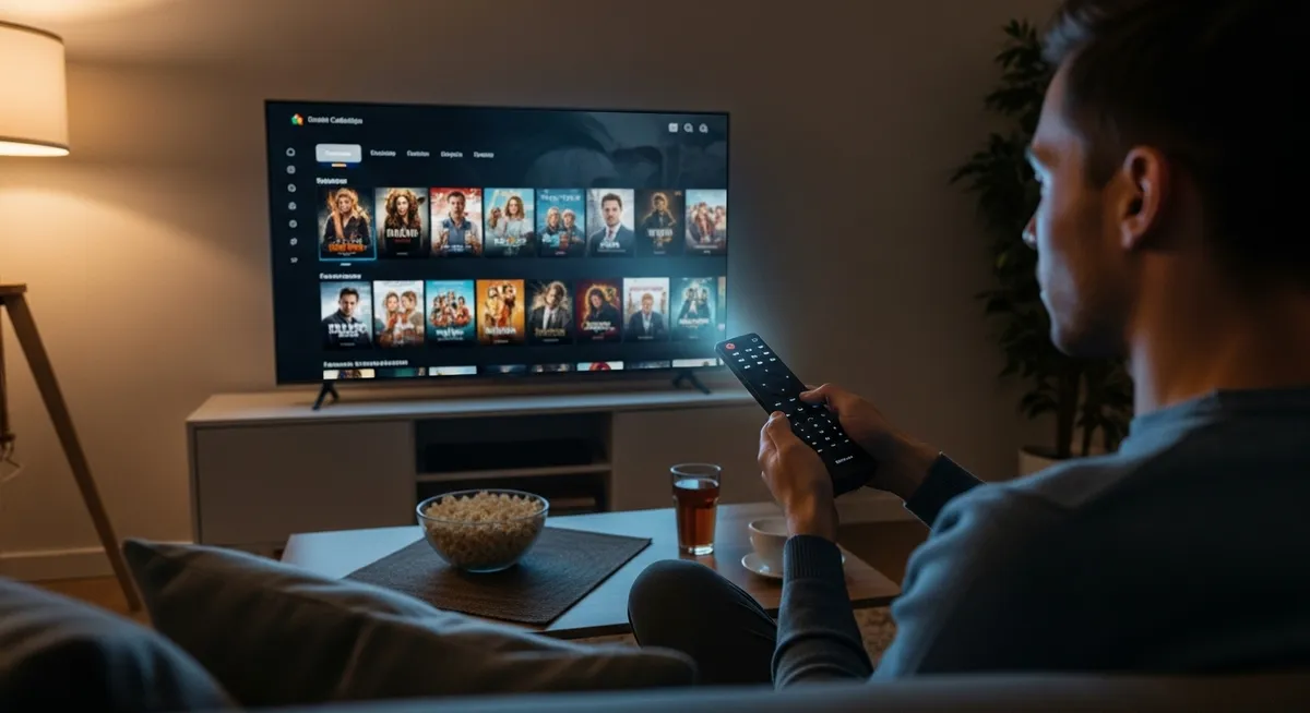 Homem assistindo streaming na TV com controle remoto