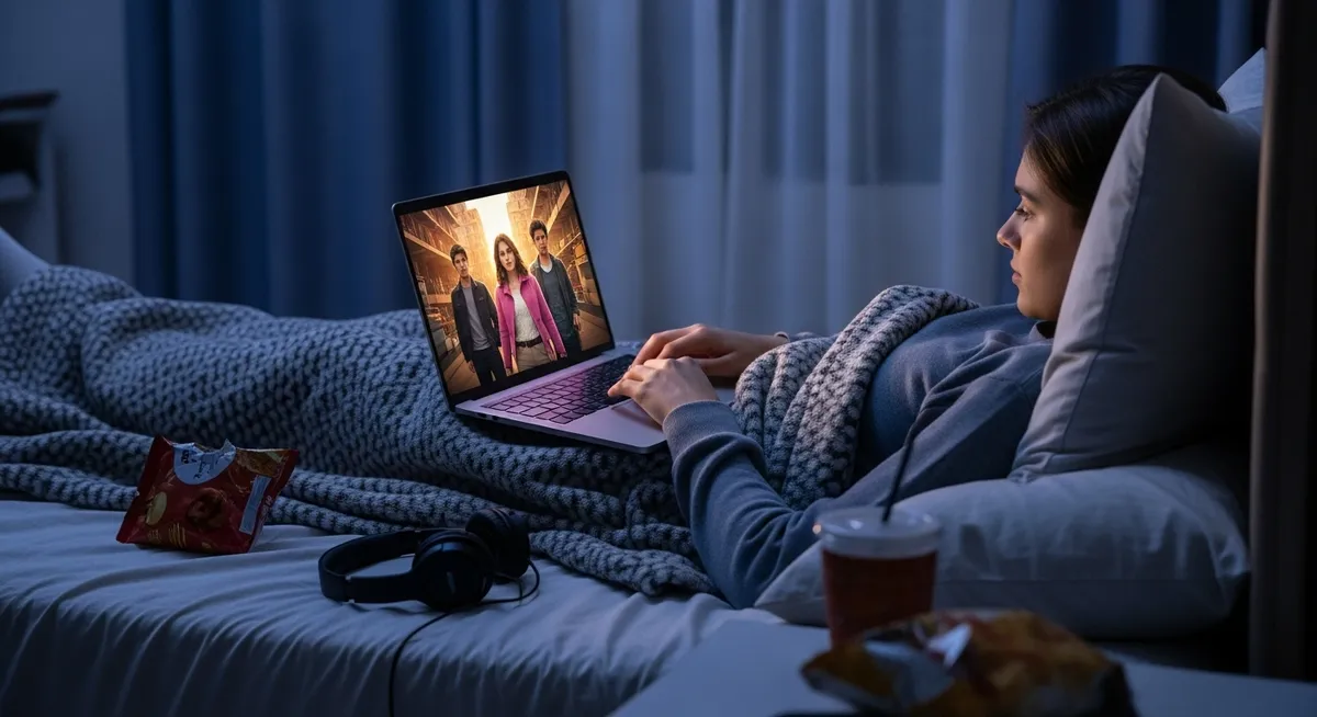 Mulher assistindo série em notebook na cama