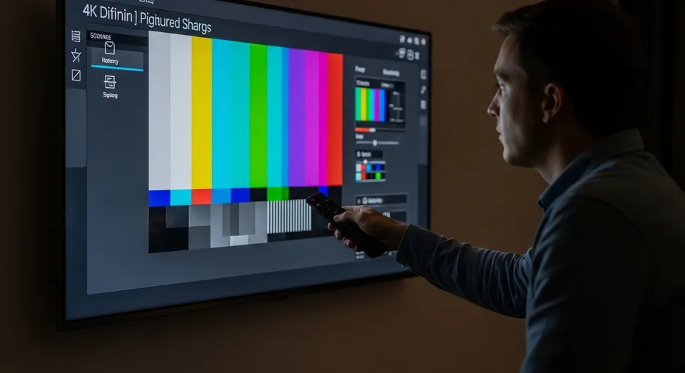Usuário configurando imagem de TV 4K com controle remoto