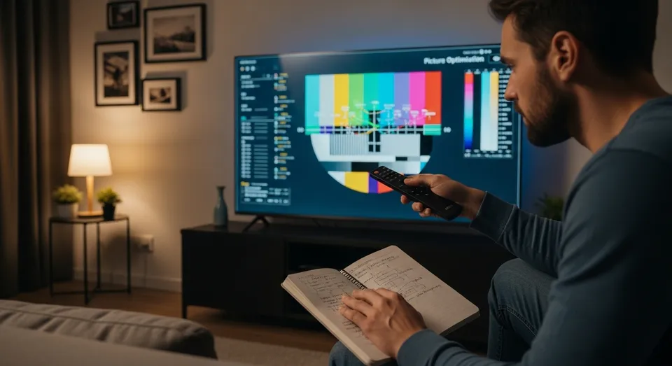Homem ajustando calibração de cores na tela da TV 4K