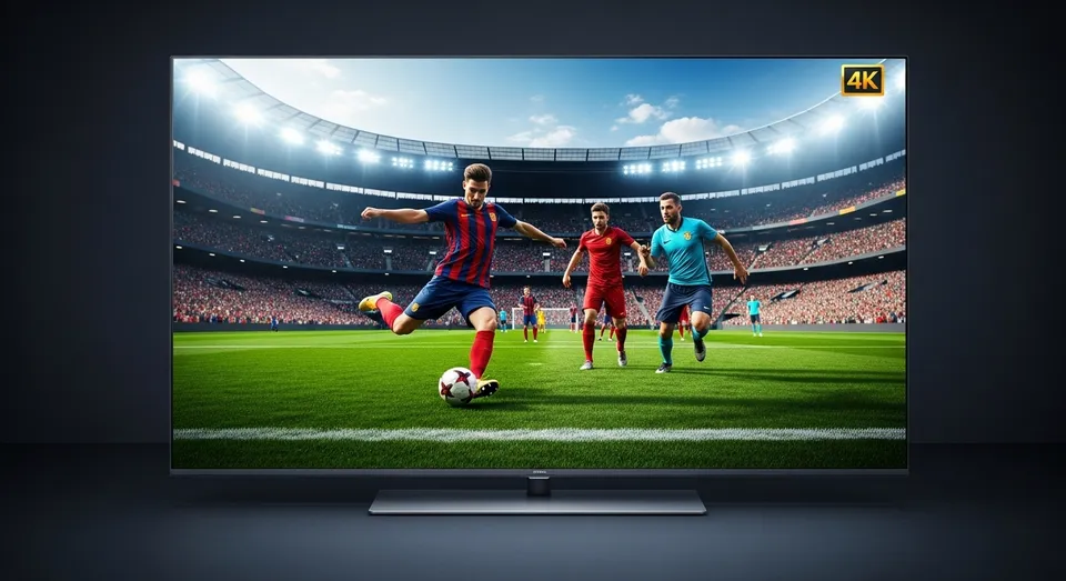 Partida de futebol em alta definição exibida em TV 4K moderna