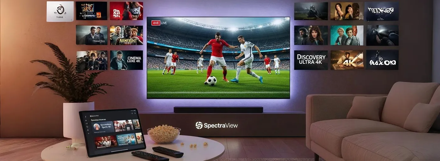 Sala moderna com TV 4K exibindo futebol e apps de streaming