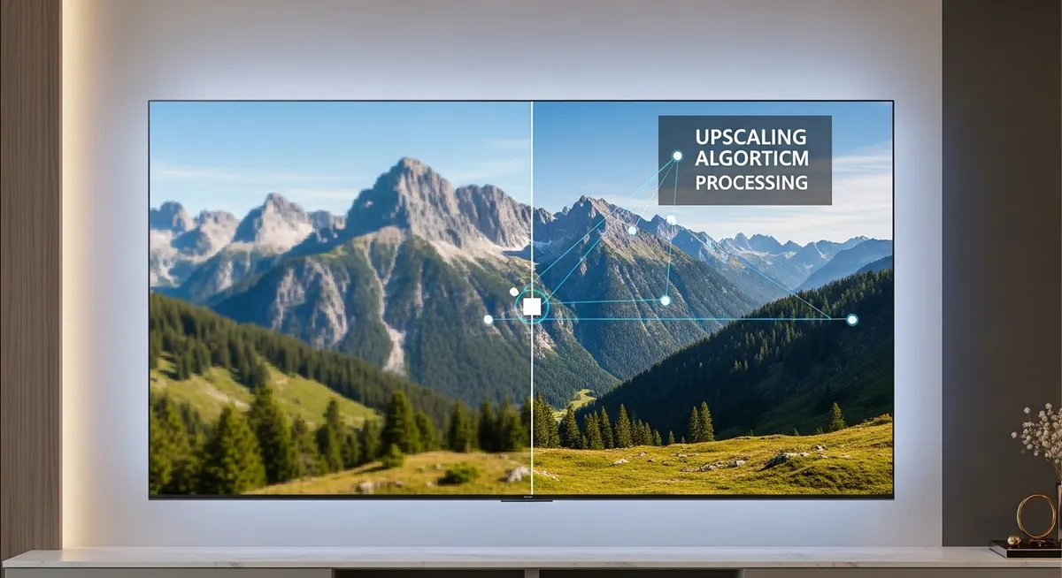 Montanha exibida em TV com processamento de upscaling AI